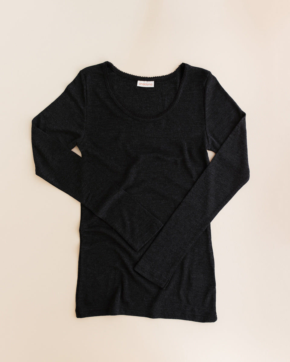 Dameshemd  long sleeves pointelle wol:zijde - ebony