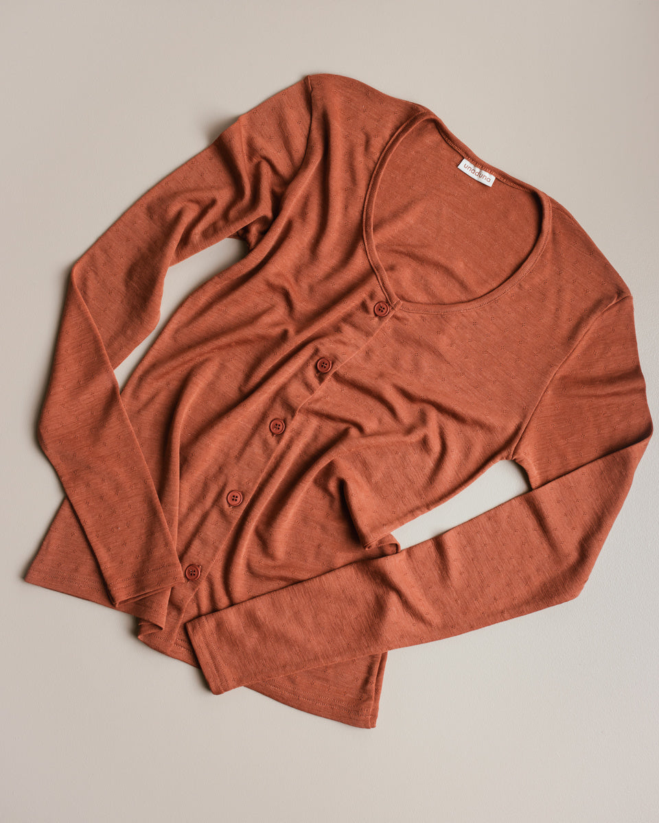 Unaduna women's cardigan pointelle wool silk umber